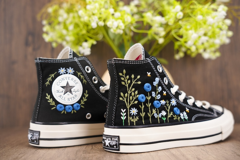 Custom Black Converse Chuck Taylor Embroidered, Blue Rose Flowers Hand Embroidered Converse