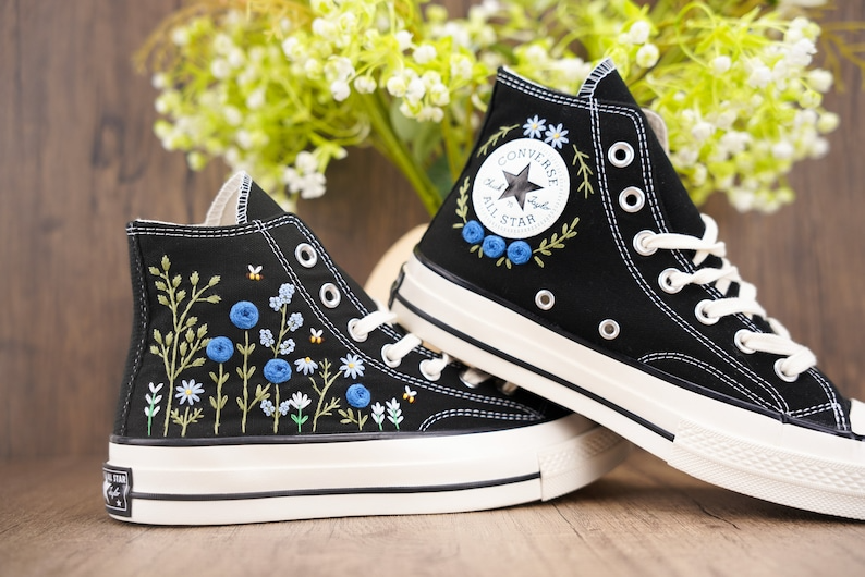Custom Black Converse Chuck Taylor Embroidered, Blue Rose Flowers Hand Embroidered Converse