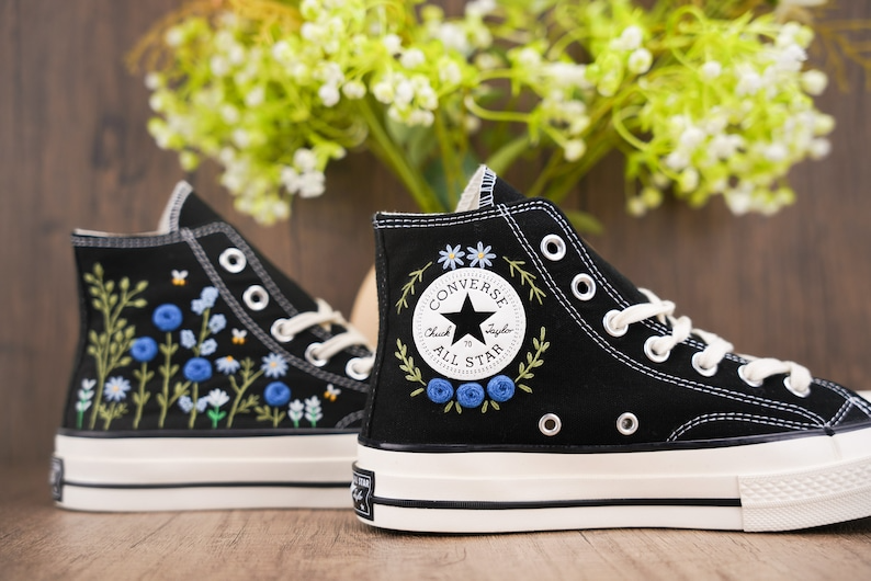 Custom Black Converse Chuck Taylor Embroidered, Blue Rose Flowers Hand Embroidered Converse
