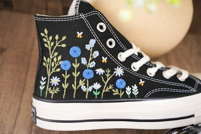 Custom Black Converse Chuck Taylor Embroidered, Blue Rose Flowers Hand Embroidered Converse
