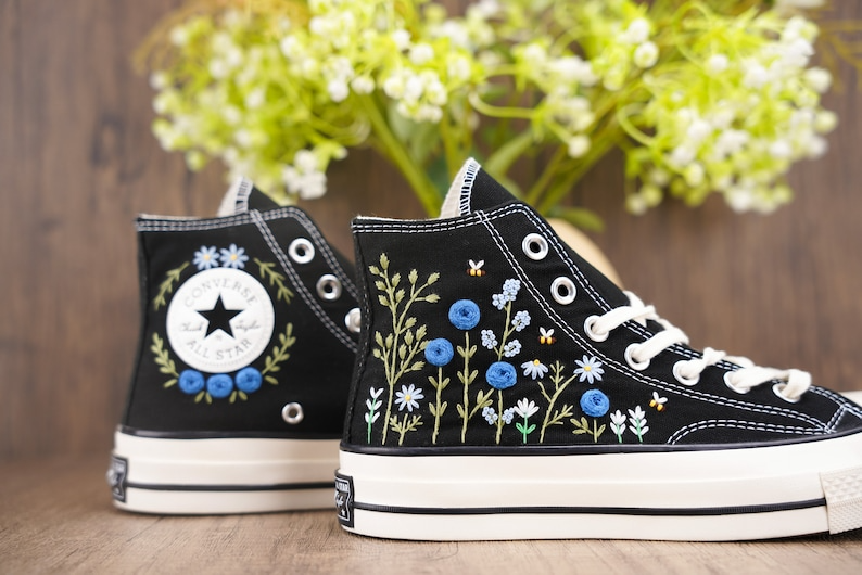 Custom Black Converse Chuck Taylor Embroidered, Blue Rose Flowers Hand Embroidered Converse