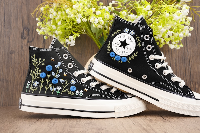 Custom Black Converse Chuck Taylor Embroidered, Blue Rose Flowers Hand Embroidered Converse