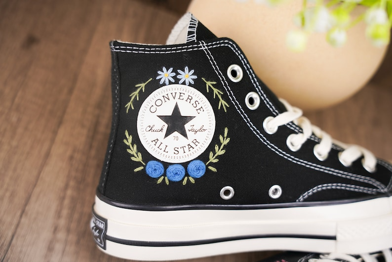 Custom Black Converse Chuck Taylor Embroidered, Blue Rose Flowers Hand Embroidered Converse