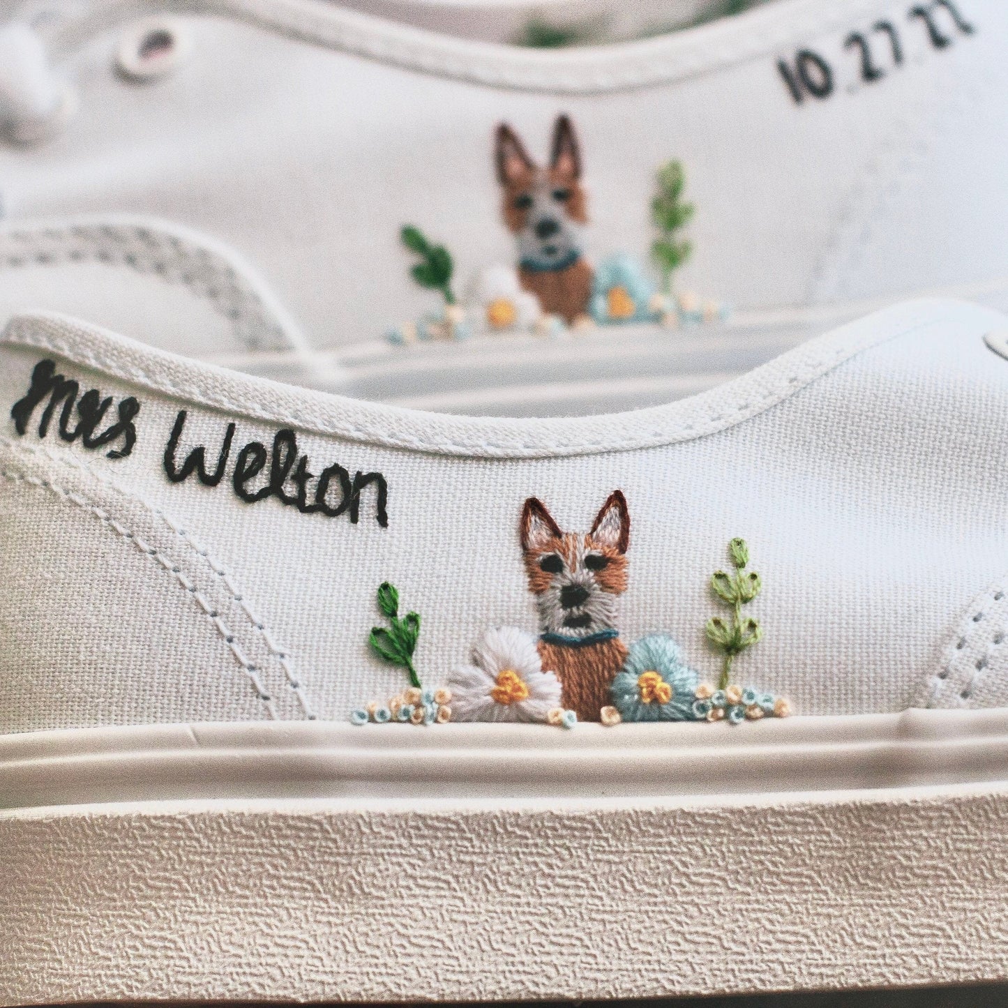 Embroidered Pet Bridal Vans, Custom Embroidered Wedding Shoes, Dog & Cat Customizable Bride Shoes, Wedding Sneakers, Bridal Pet Sneakers