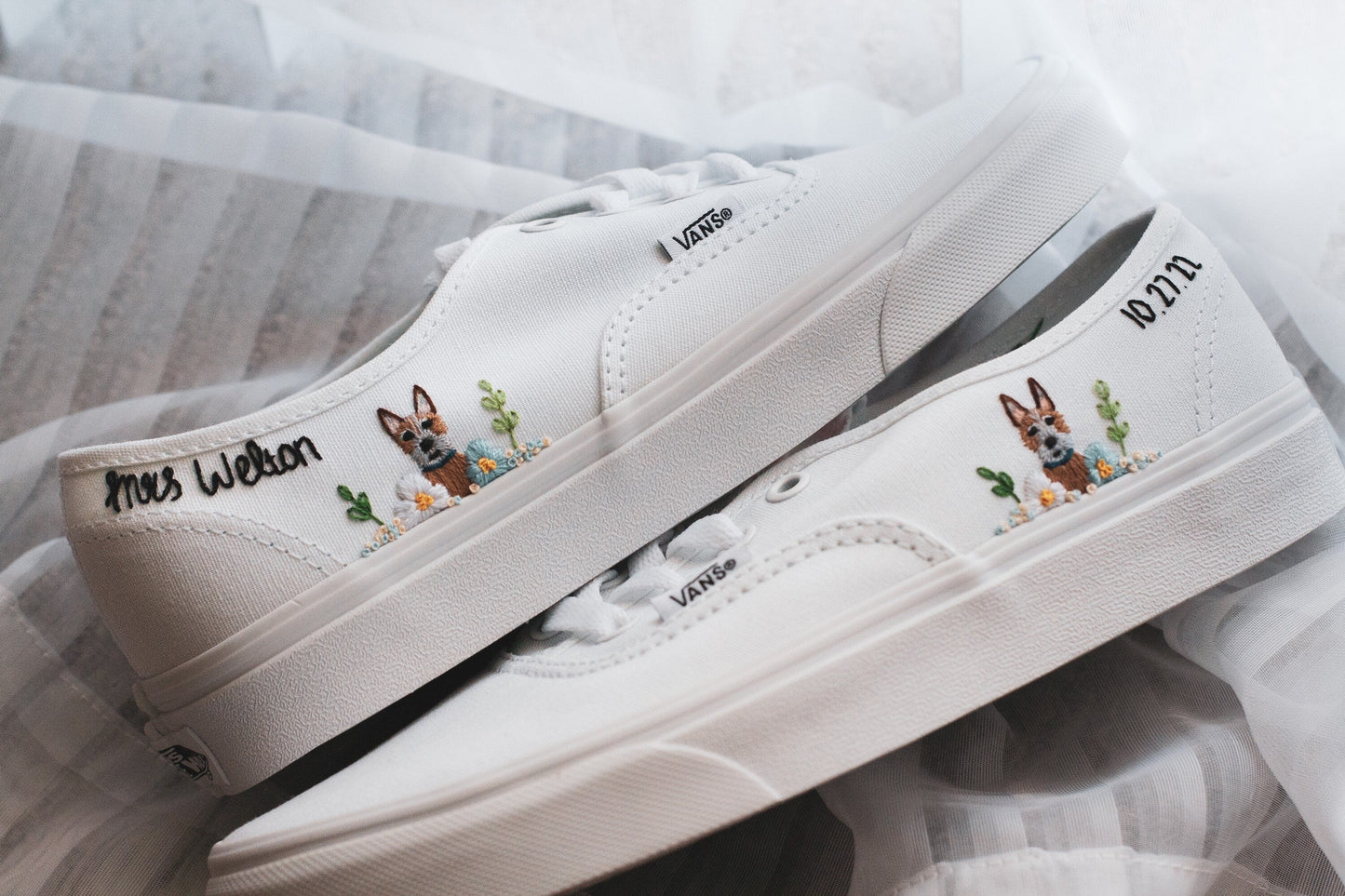 Embroidered Pet Bridal Vans, Custom Embroidered Wedding Shoes, Dog & Cat Customizable Bride Shoes, Wedding Sneakers, Bridal Pet Sneakers
