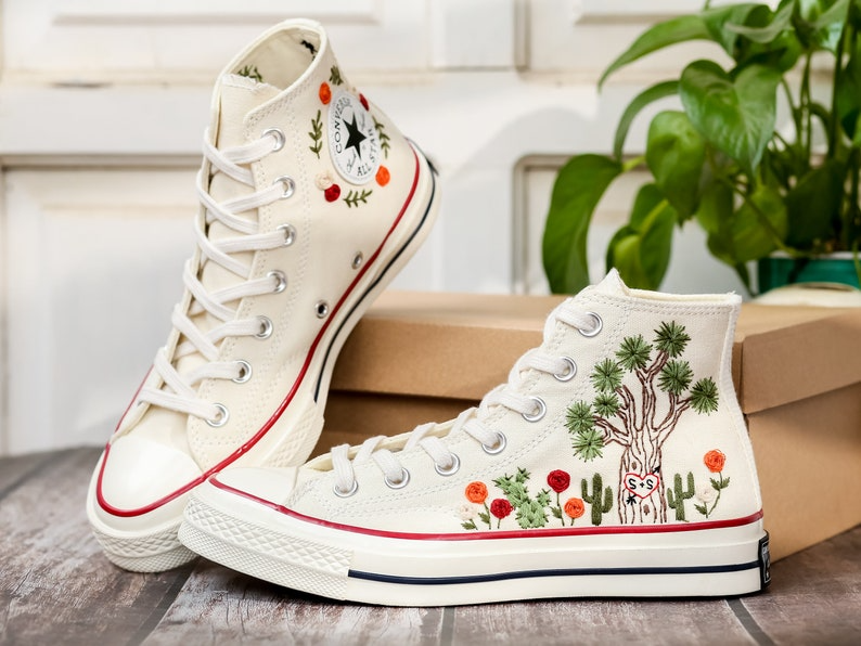 Custom Embroidered Converse High Tops 1970s, Shoes Embroidered With Tree of Happiness And Name, Cactus Embroidered Sneaker, Birthday Gift