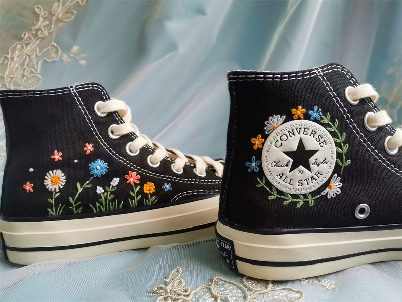 Customized Converse Embroidered Shoes Converse Chuck Taylor 1970s Customized Embroidered Flowers Converse Shoes for Her Wedding Gift