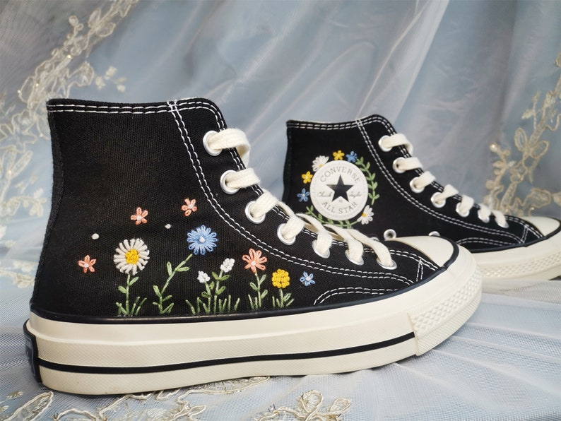 Customized Converse Embroidered Shoes Converse Chuck Taylor 1970s Customized Embroidered Flowers Converse Shoes for Her Wedding Gift