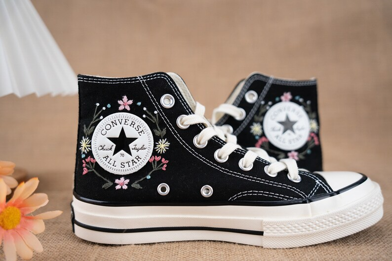 Flowers Garden Hand Embroidery, Black Converse Shoes, Handmade And Customizable, Converse Chuck Taylor 1970s