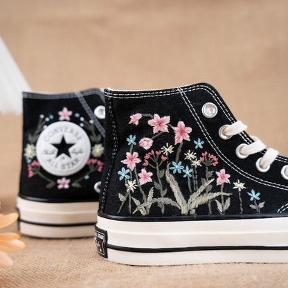 Flowers Garden Hand Embroidery, Black Converse Shoes, Handmade And Customizable, Converse Chuck Taylor 1970s