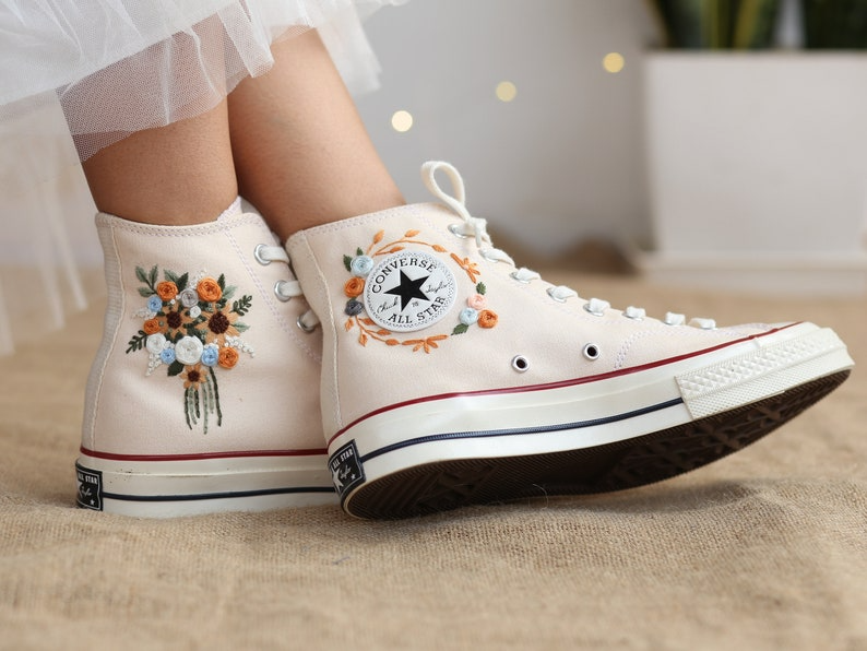 Wedding Shoes for Bride, Wedding Floral Embroider Converse High Tops, Bridal Flowers Embroidered Sneakers