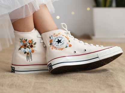 Wedding Shoes for Bride, Wedding Floral Embroider Converse High Tops, Bridal Flowers Embroidered Sneakers