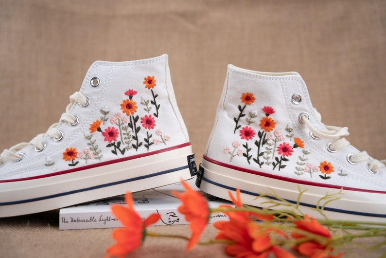 Gerbera Floral Garden Hand Embroidery Converse, Handmade And Customizable, Converse Chuck Taylor 1970s