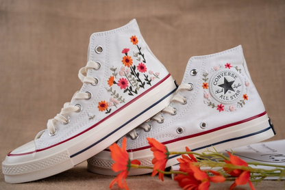 Gerbera Floral Garden Hand Embroidery Converse, Handmade And Customizable, Converse Chuck Taylor 1970s