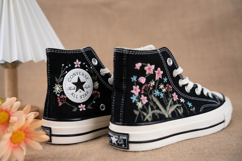 Flowers Garden Hand Embroidery, Black Converse Shoes, Handmade And Customizable, Converse Chuck Taylor 1970s