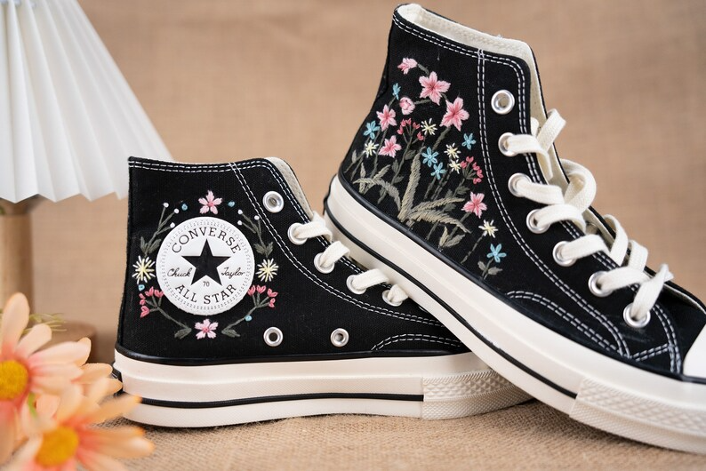 Flowers Garden Hand Embroidery, Black Converse Shoes, Handmade And Customizable, Converse Chuck Taylor 1970s