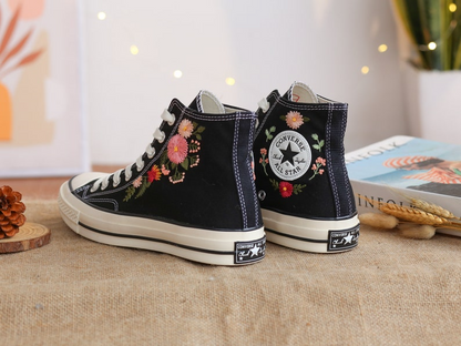 Custom Wedding Sneakers Platform, Pink Flower Embroidered Converse, Daisy Embroidery Bridal Sneakers, Personalized Bride Shoes Wedding