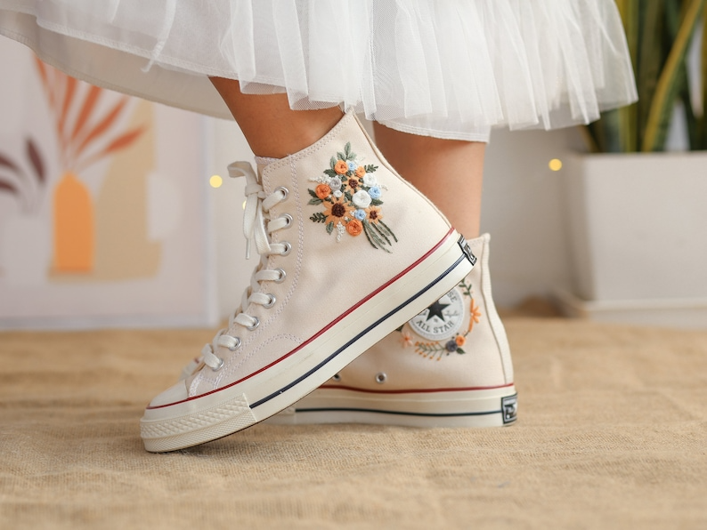 Wedding Shoes for Bride, Wedding Floral Embroider Converse High Tops, Bridal Flowers Embroidered Sneakers