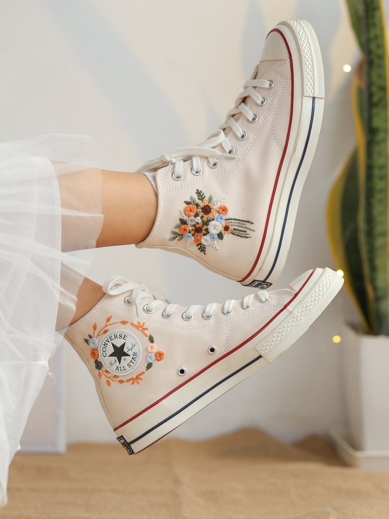 Wedding Shoes for Bride, Wedding Floral Embroider Converse High Tops, Bridal Flowers Embroidered Sneakers