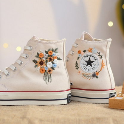 Wedding Shoes for Bride, Wedding Floral Embroider Converse High Tops, Bridal Flowers Embroidered Sneakers