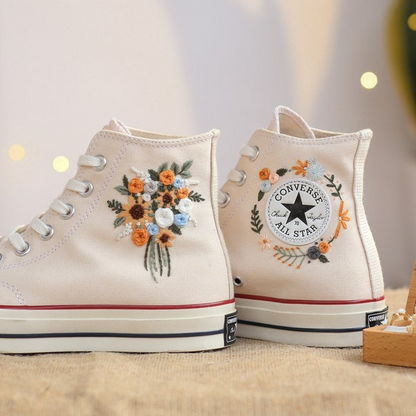 Floral Wedding Shoes for Bride, Wedding Floral Embroider Converse High Tops, Bridal Flowers Embroidered Sneakers