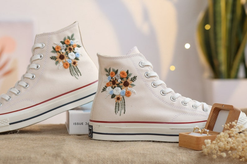 Wedding Shoes for Bride, Wedding Floral Embroider Converse High Tops, Bridal Flowers Embroidered Sneakers