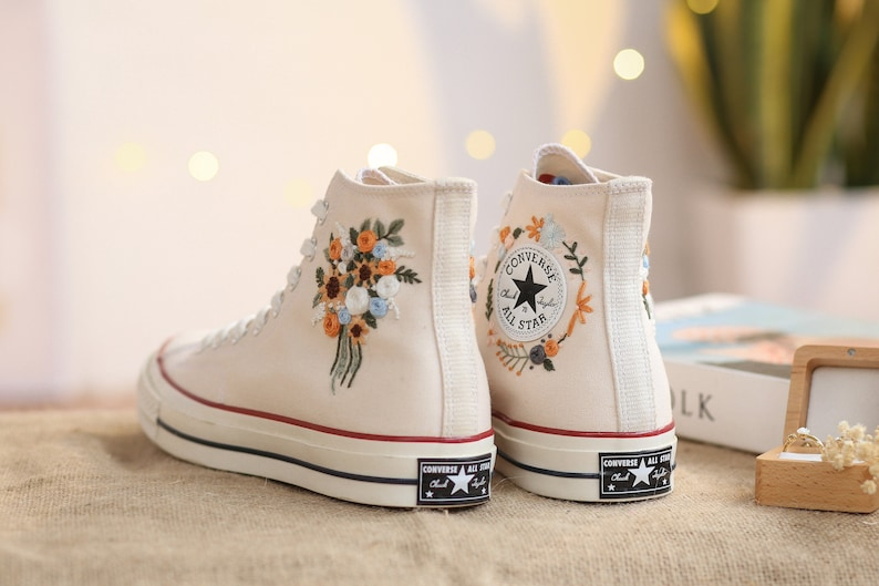 Wedding Shoes for Bride, Wedding Floral Embroider Converse High Tops, Bridal Flowers Embroidered Sneakers