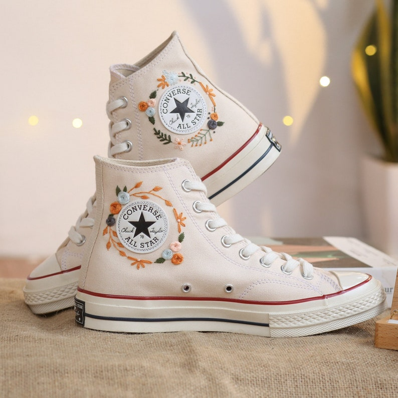 Wedding Shoes for Bride, Wedding Floral Embroider Converse High Tops, Bridal Flowers Embroidered Sneakers