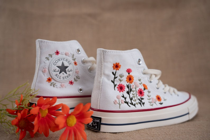 Gerbera Floral Garden Hand Embroidery Converse, Handmade And Customizable, Converse Chuck Taylor 1970s