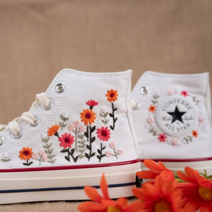 Gerbera Floral Garden Hand Embroidery Converse, Handmade And Customizable, Converse Chuck Taylor 1970s