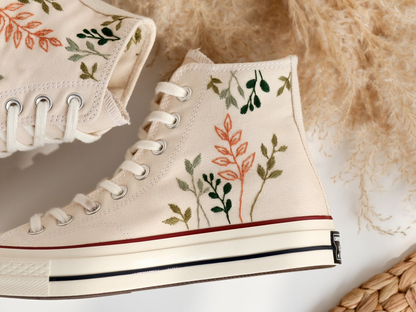 Embroidered Converse High Tops Chuck Taylor 1970s, Custom Converse Embroidered Simple, Tree Leaves Embroidered Sneakers, Valentine Gifts