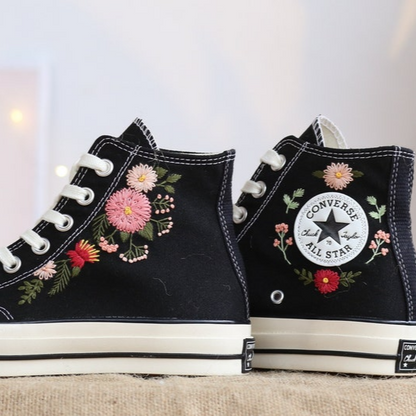 Custom Wedding Sneakers Platform, Pink Flower Embroidered Converse, Daisy Embroidery Bridal Sneakers, Personalized Bride Shoes Wedding