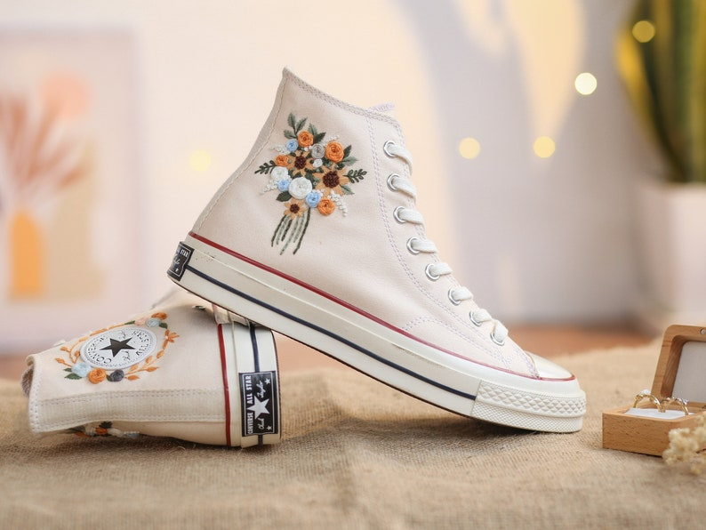 Wedding Shoes for Bride, Wedding Floral Embroider Converse High Tops, Bridal Flowers Embroidered Sneakers