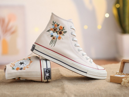 Floral Wedding Shoes for Bride, Wedding Floral Embroider Converse High Tops, Bridal Flowers Embroidered Sneakers