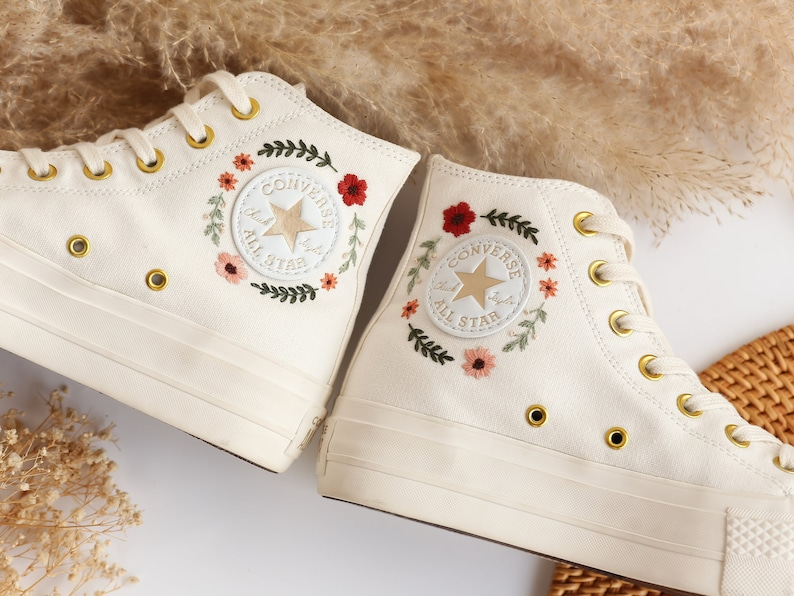 Platform Converse, Flowers Embroidered Wedding Converse Platform Shoes, Wedding Sneakers for Bride, Floral Embroidered Converse Platform