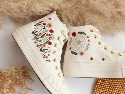 Platform Converse, Flowers Embroidered Wedding Converse Platform Shoes, Wedding Sneakers for Bride, Floral Embroidered Converse Platform