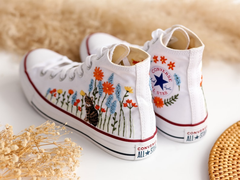 Custom Embroidered Converse High Tops, Custom Shoes Flower and Cat Embroidered, Custom Converse Embroidered Pet and Floral, Custom Pet Gifts