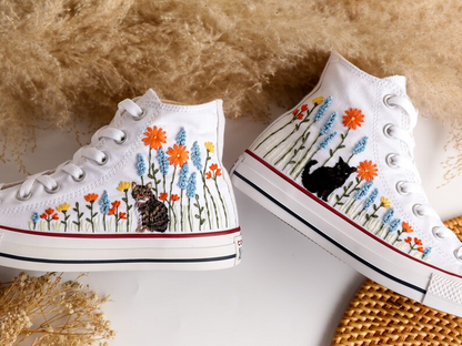 Custom Embroidered Converse High Tops, Custom Shoes Flower and Cat Embroidered, Custom Converse Embroidered Pet and Floral, Custom Pet Gifts