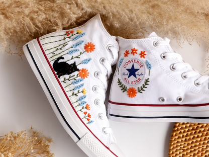 Custom Embroidered Converse High Tops, Custom Shoes Flower and Cat Embroidered, Custom Converse Embroidered Pet and Floral, Custom Pet Gifts