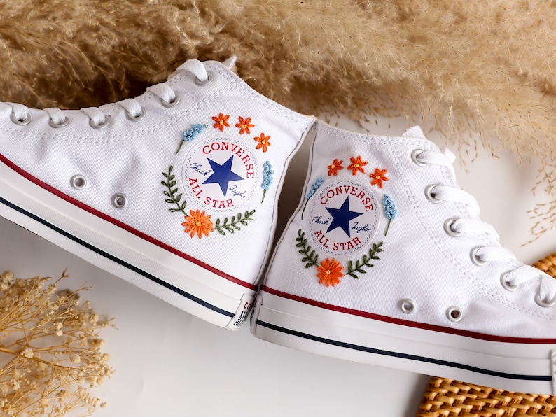 Custom Embroidered Converse High Tops, Custom Shoes Flower and Cat Embroidered, Custom Converse Embroidered Pet and Floral, Custom Pet Gifts