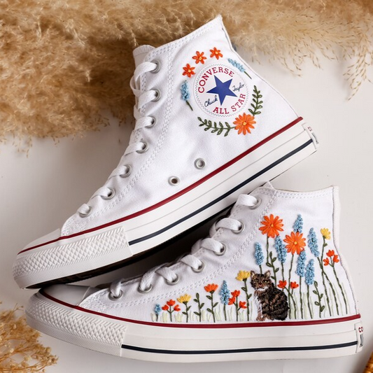 Custom Embroidered Converse High Tops, Custom Shoes Flower and Cat Embroidered, Custom Converse Embroidered Pet and Floral, Custom Pet Gifts