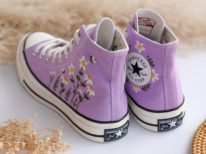 Custom Converse Chuck Taylor Daisy Flower Embroidered Converse Shoes, Daisy Flower and Bee Embroidered Converse Custom, Valentine Gift