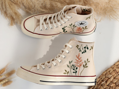 Embroidered Converse High Tops Chuck Taylor 1970s, Custom Converse Embroidered Simple, Tree Leaves Embroidered Sneakers, Valentine Gifts