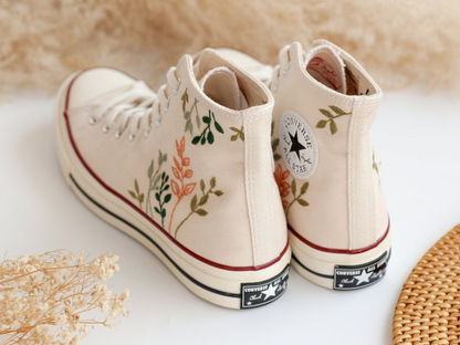 Embroidered Converse High Tops Chuck Taylor 1970s, Custom Converse Embroidered Simple, Tree Leaves Embroidered Sneakers, Valentine Gifts