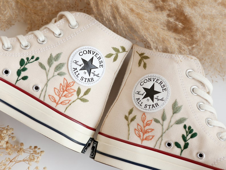 Embroidered Converse High Tops Chuck Taylor 1970s, Custom Converse Embroidered Simple, Tree Leaves Embroidered Sneakers, Valentine Gifts