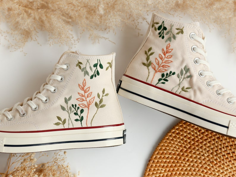 Embroidered Converse High Tops Chuck Taylor 1970s, Custom Converse Embroidered Simple, Tree Leaves Embroidered Sneakers, Valentine Gifts