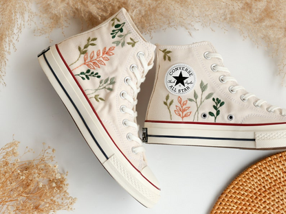 Embroidered Converse High Tops Chuck Taylor 1970s, Custom Converse Embroidered Simple, Tree Leaves Embroidered Sneakers, Valentine Gifts