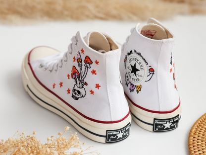 Custom Converse Embroidered, Mushrooms and Ghost Embroidered Shoes, Sugar Skull Embroidered Sneaker, Embroidered Wedding Reception Shoes