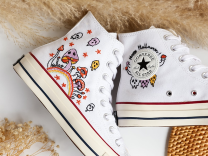 Custom Converse Embroidered, Mushrooms and Ghost Embroidered Shoes, Sugar Skull Embroidered Sneaker, Embroidered Wedding Reception Shoes