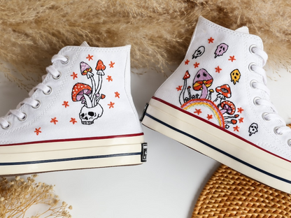 Custom Converse Embroidered, Mushrooms and Ghost Embroidered Shoes, Sugar Skull Embroidered Sneaker, Embroidered Wedding Reception Shoes